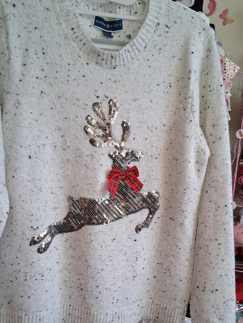 Karen Scott Cream Speckled Reindeer Sequin Sweater